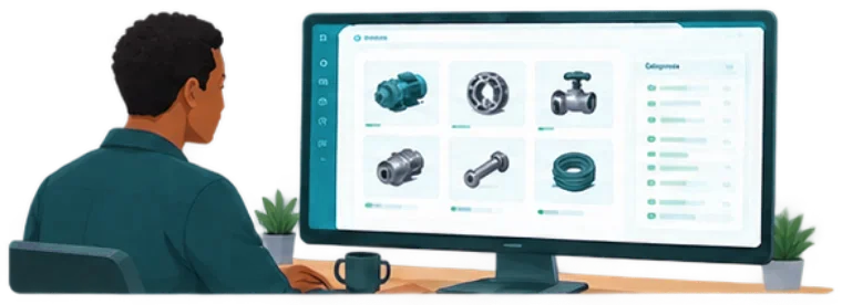 A buyer browsing a supplier product catalogue of pumps, bearings and valves on a desktop console