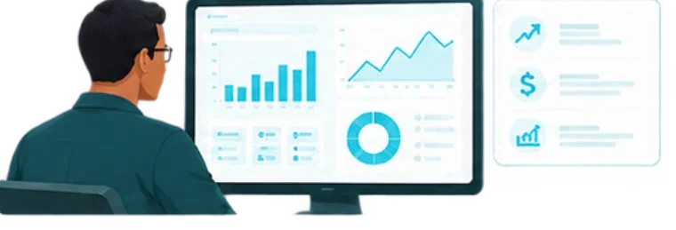 An operator reading revenue, margin and mix charts on a console dashboard