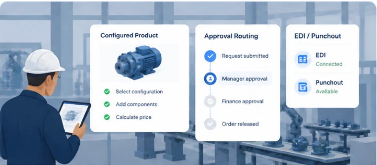 A configured pump priced on the shop floor, with its approval route and procurement links