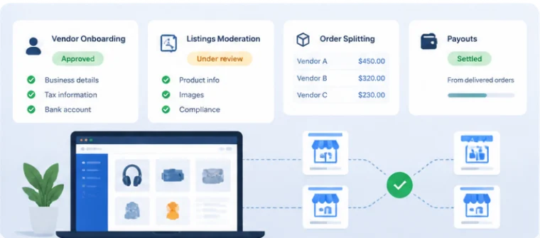 Vendor onboarding and listing moderation feeding an order that splits across four vendors