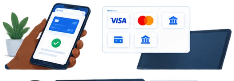A payment confirmed on a phone beside card and bank settlement methods