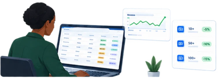 A pricing manager reviewing volume break tiers of 10+, 50+ and 100+ beside a margin chart