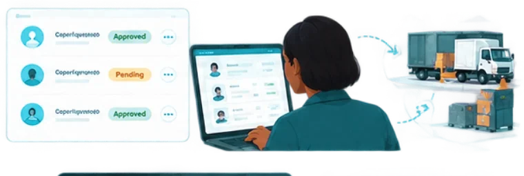 Vendor applications marked approved and pending, with their shipments leaving on trucks