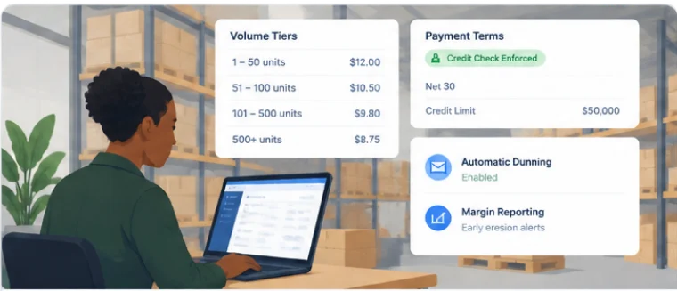 Volume price breaks beside payment terms, a credit limit and automatic dunning