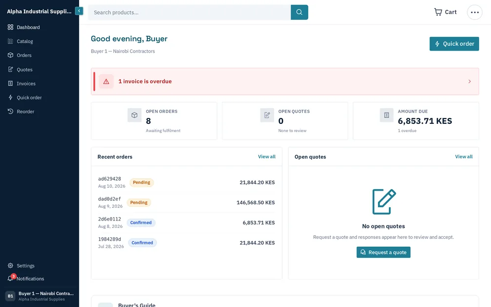 The buyer account dashboard: open orders, quotes to review and amount due at a glance